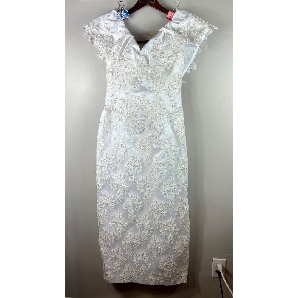 Alfred Angelo White Wedding Dress 52" Long Midi Beaded Lace Sleeveless Small